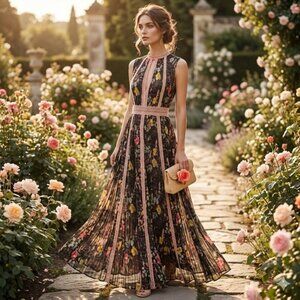 Foxiedox Jasmine Lace Trim Pleated Floral Maxi Dress Brown XS Easter Dress